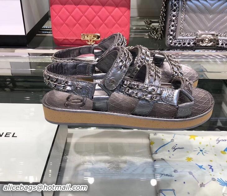 Shop Chanel Chain Sandals G33801 Metallic Silver 2019