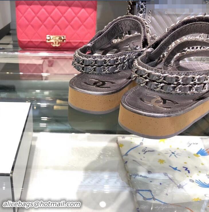 Shop Chanel Chain Sandals G33801 Metallic Silver 2019