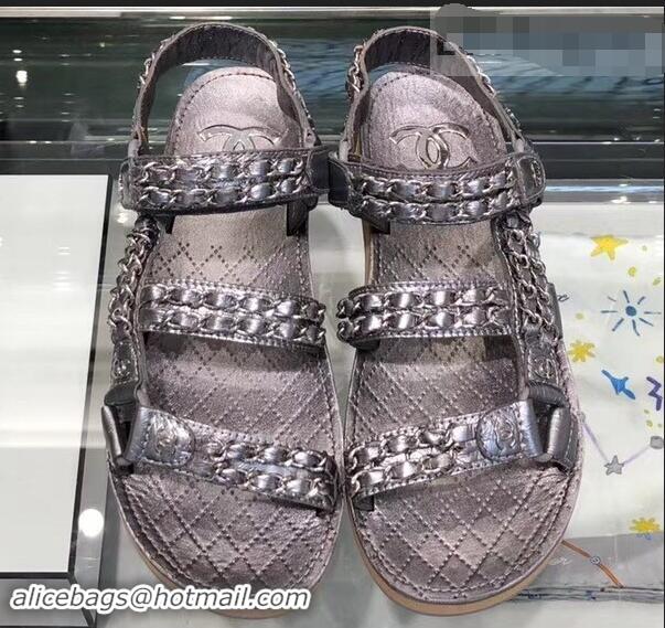 Shop Chanel Chain Sandals G33801 Metallic Silver 2019