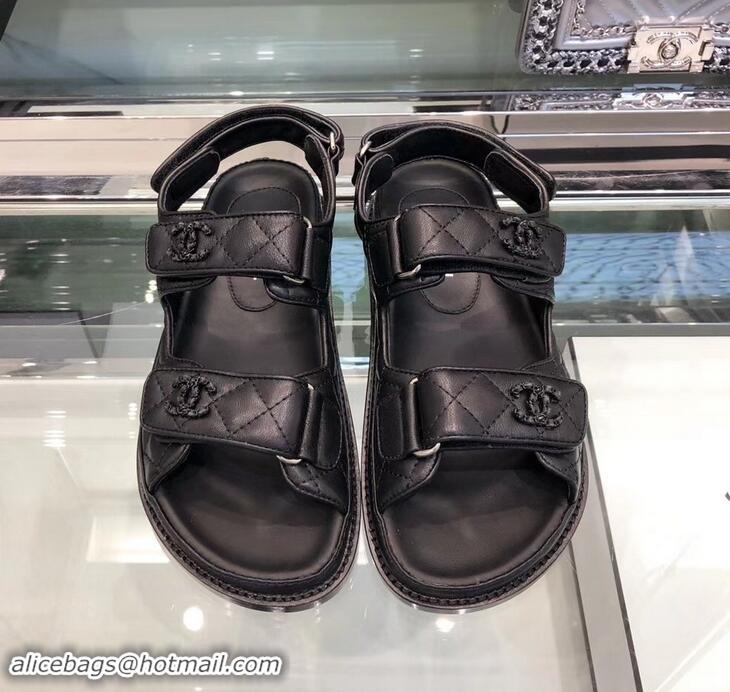 Good Quality Chanel Logo Magic Loop Sandals G34445 Quilting Black