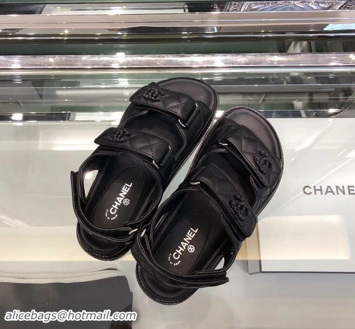 Good Quality Chanel Logo Magic Loop Sandals G34445 Quilting Black