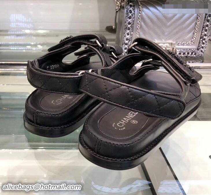 Good Quality Chanel Logo Magic Loop Sandals G34445 Quilting Black