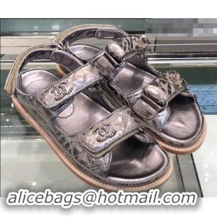 Classic Chanel Logo Magic Loop Sandals G34445 Metallic Silver