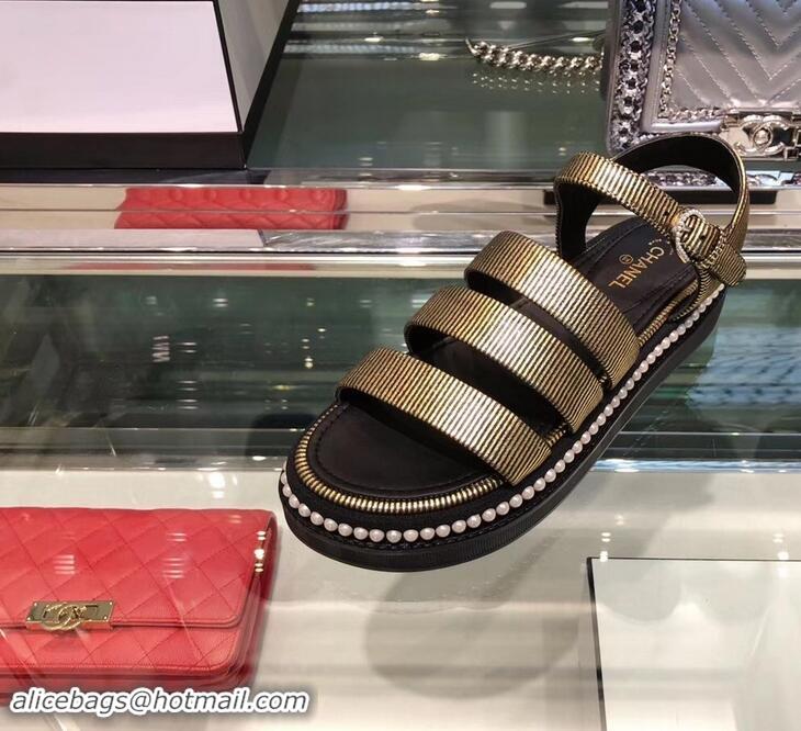 Low Price Chanel Pearls Around Sandals G32359 Striped Gold 2019