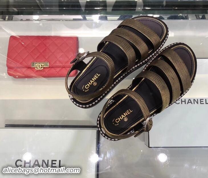 Low Price Chanel Pearls Around Sandals G32359 Striped Gold 2019