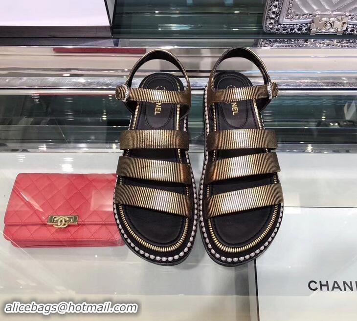 Low Price Chanel Pearls Around Sandals G32359 Striped Gold 2019