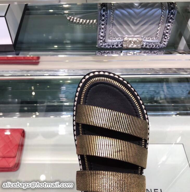 Low Price Chanel Pearls Around Sandals G32359 Striped Gold 2019