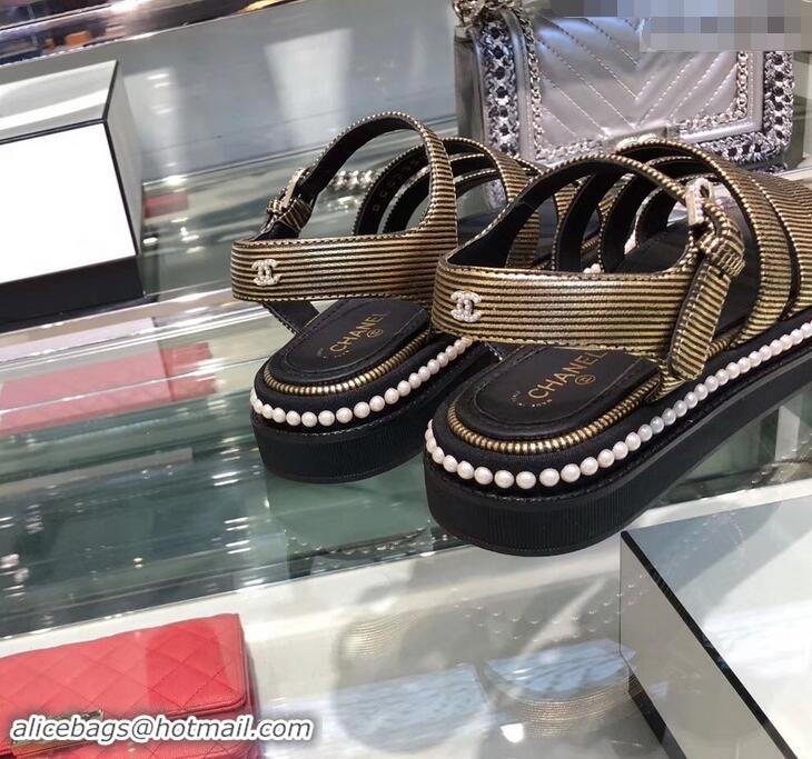 Low Price Chanel Pearls Around Sandals G32359 Striped Gold 2019