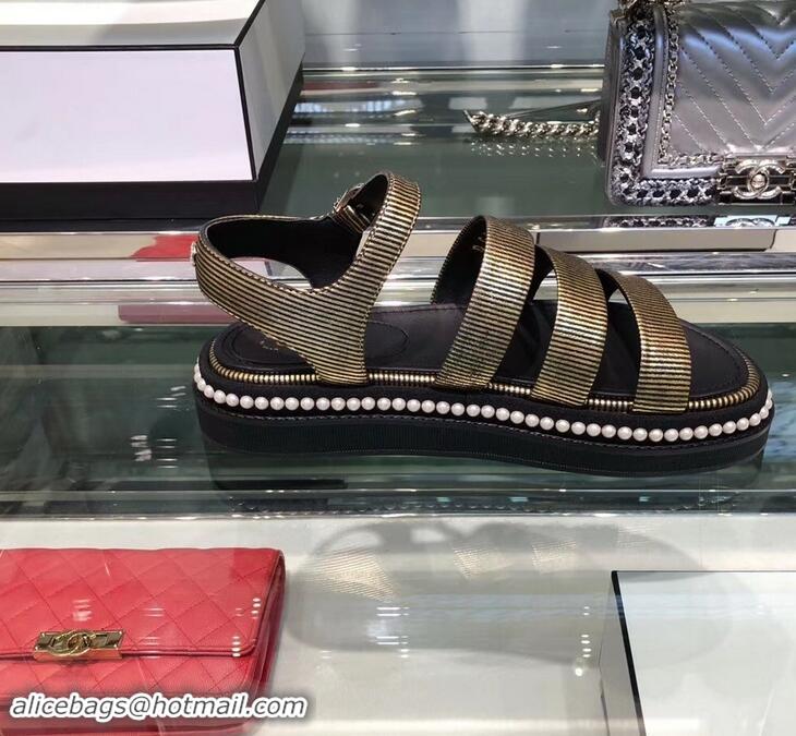 Low Price Chanel Pearls Around Sandals G32359 Striped Gold 2019