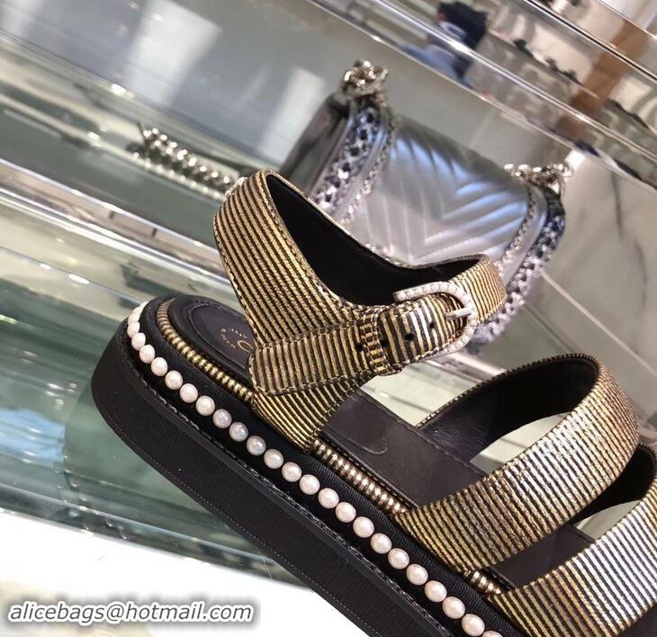 Low Price Chanel Pearls Around Sandals G32359 Striped Gold 2019