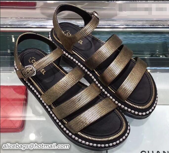 Low Price Chanel Pearls Around Sandals G32359 Striped Gold 2019