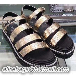 Free Shipping Chanel Pearls Around Sandals G32359 Crinkled Silver 2019