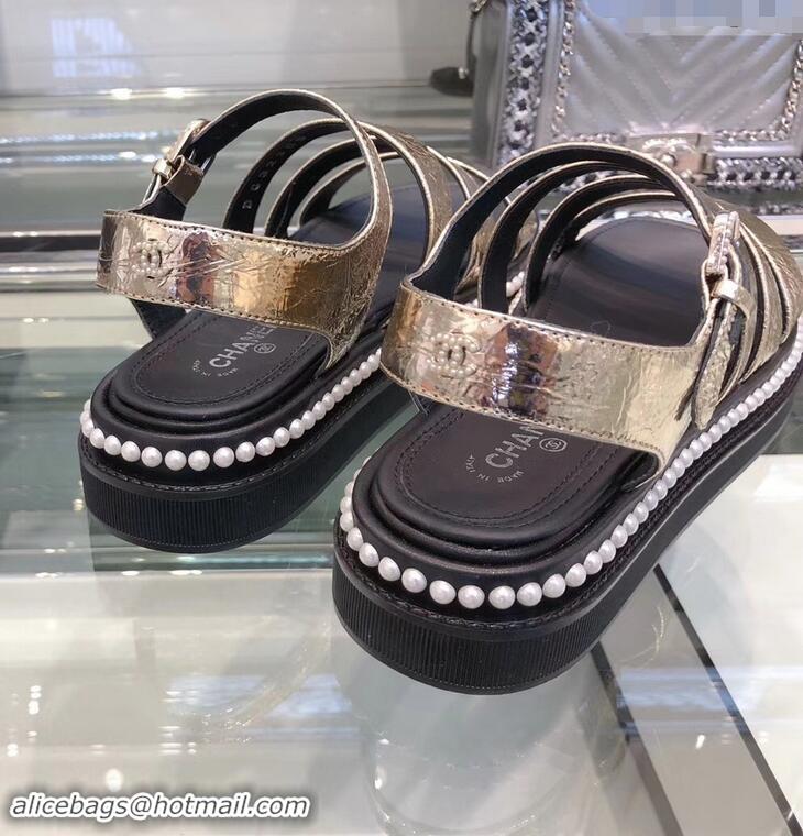 Free Shipping Chanel Pearls Around Sandals G32359 Crinkled Silver 2019