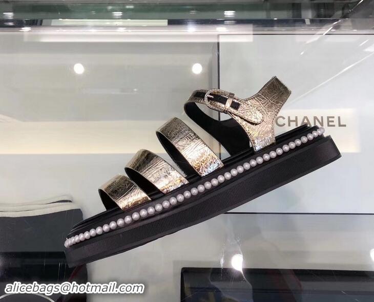 Free Shipping Chanel Pearls Around Sandals G32359 Crinkled Silver 2019