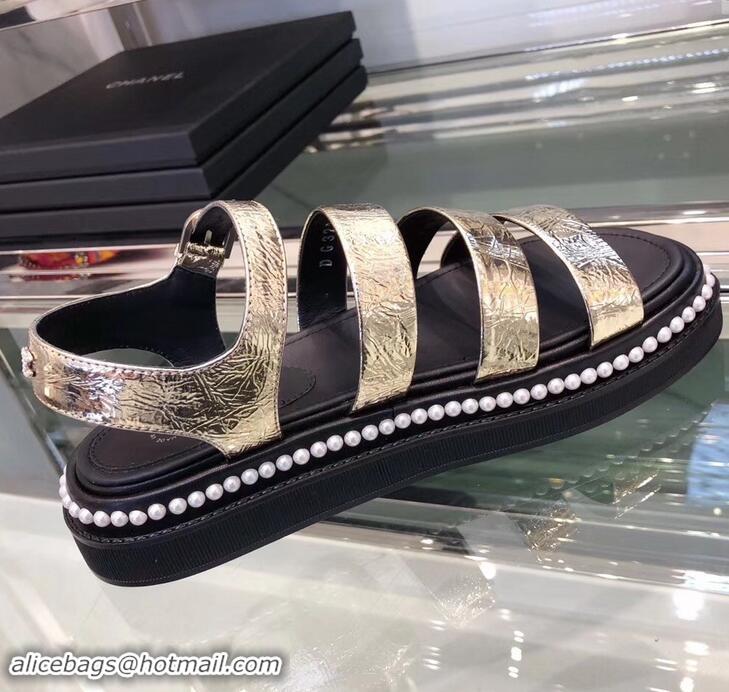 Free Shipping Chanel Pearls Around Sandals G32359 Crinkled Silver 2019