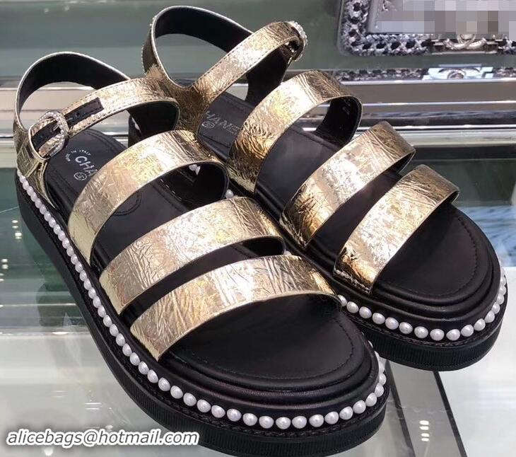 Free Shipping Chanel Pearls Around Sandals G32359 Crinkled Silver 2019