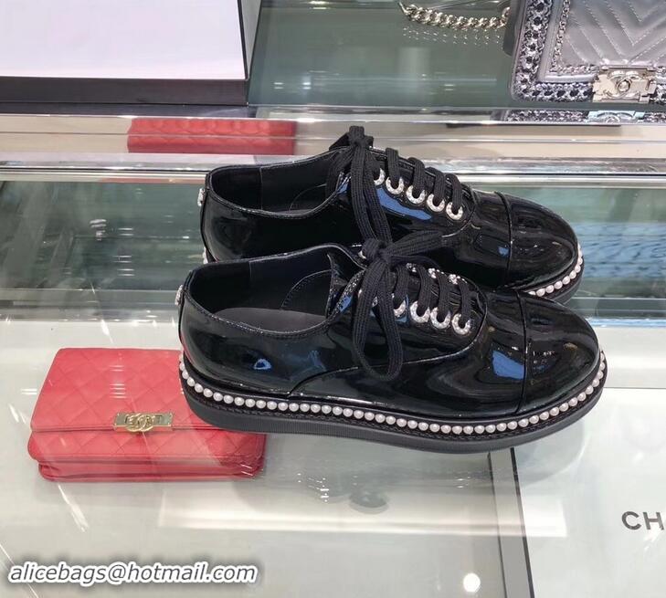 Buy Discount Chanel Pearls Around Lace-ups Shoes G41727 Black 2019