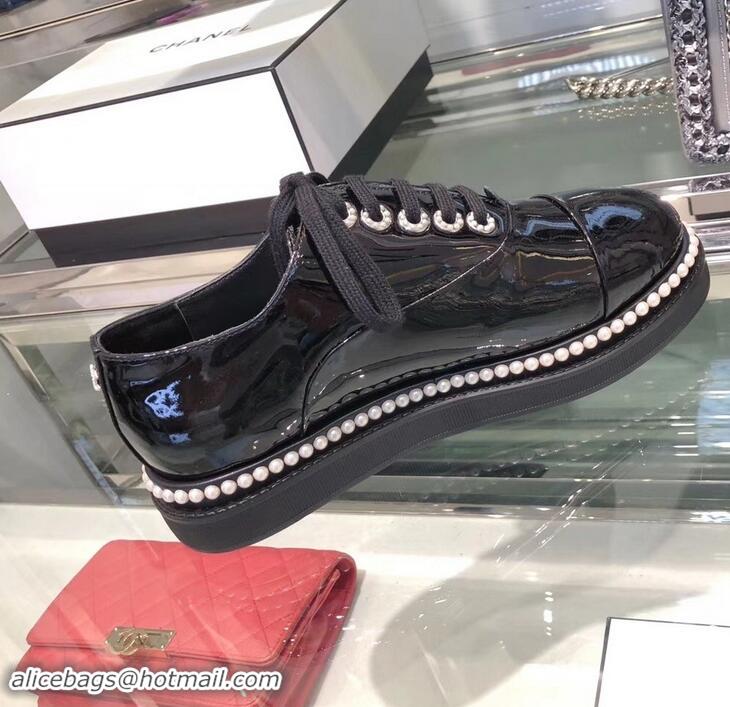 Buy Discount Chanel Pearls Around Lace-ups Shoes G41727 Black 2019