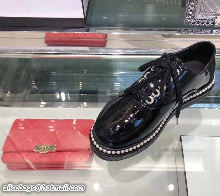 Buy Discount Chanel Pearls Around Lace-ups Shoes G41727 Black 2019