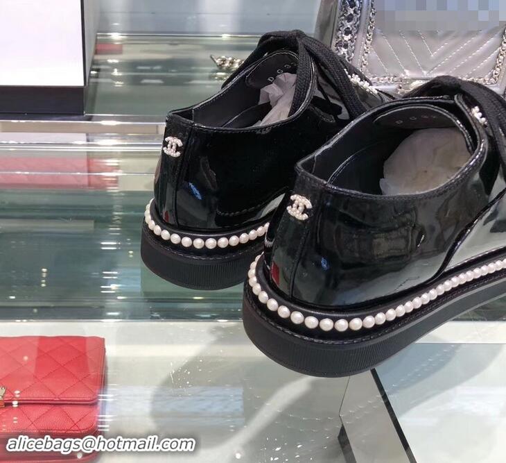 Buy Discount Chanel Pearls Around Lace-ups Shoes G41727 Black 2019