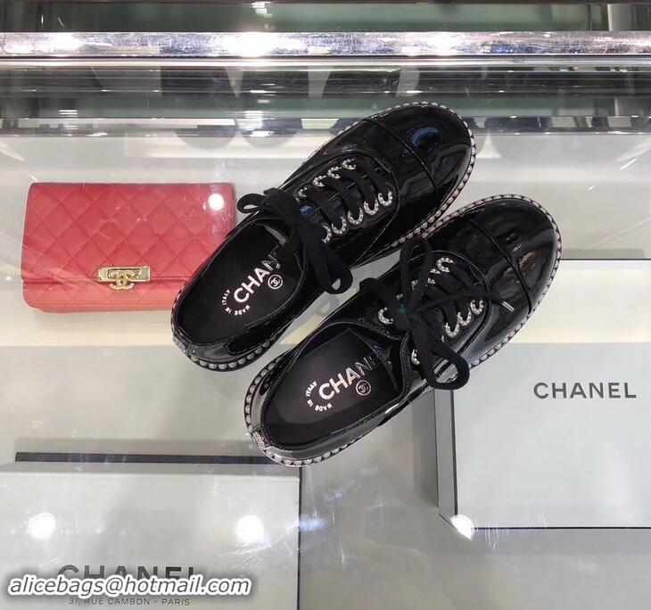 Buy Discount Chanel Pearls Around Lace-ups Shoes G41727 Black 2019