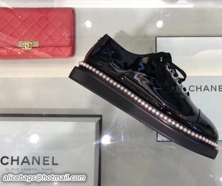 Buy Discount Chanel Pearls Around Lace-ups Shoes G41727 Black 2019