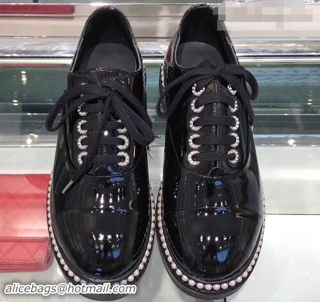 Buy Discount Chanel Pearls Around Lace-ups Shoes G41727 Black 2019