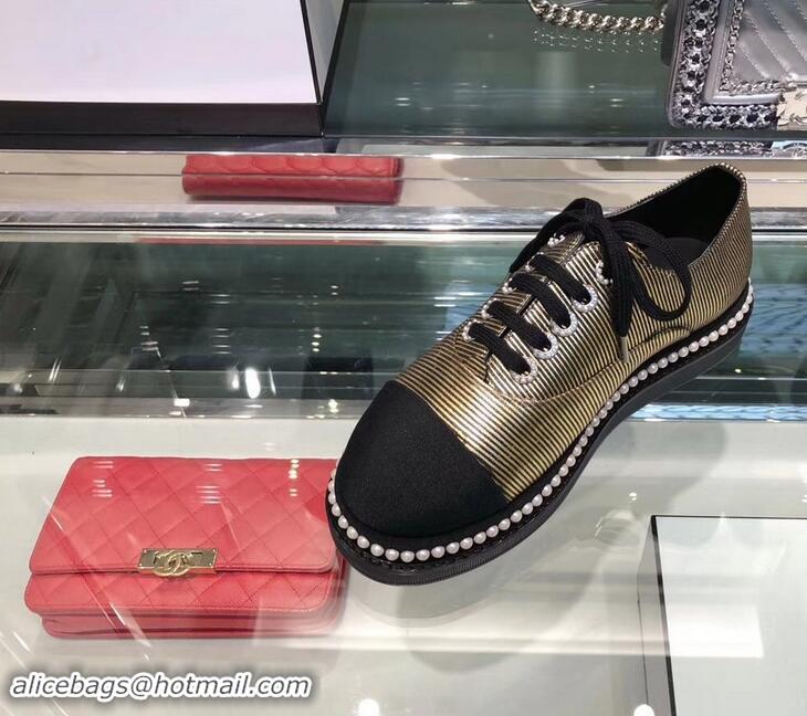 Top Quality Chanel Pearls Around Lace-ups Shoes Striped G41728 Gold 2019