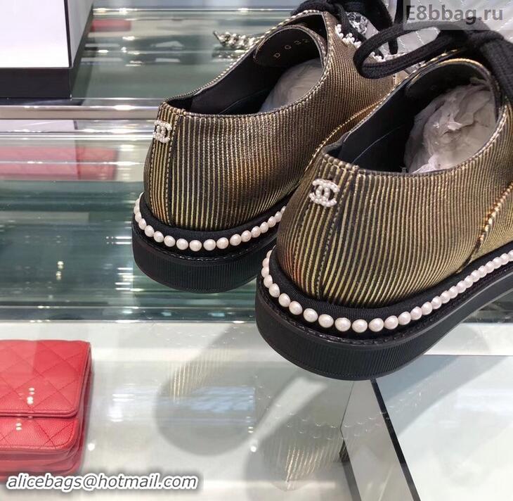 Top Quality Chanel Pearls Around Lace-ups Shoes Striped G41728 Gold 2019