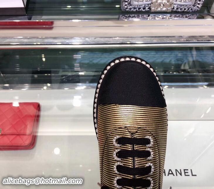 Top Quality Chanel Pearls Around Lace-ups Shoes Striped G41728 Gold 2019