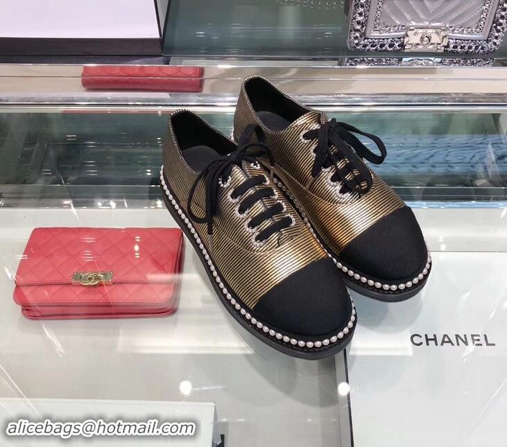 Top Quality Chanel Pearls Around Lace-ups Shoes Striped G41728 Gold 2019