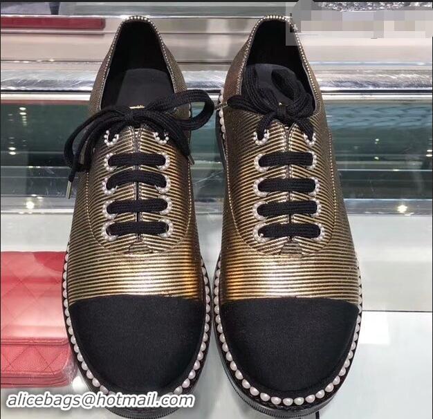 Top Quality Chanel Pearls Around Lace-ups Shoes Striped G41728 Gold 2019