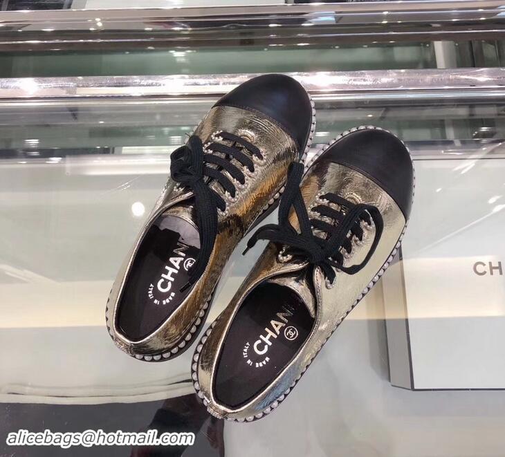 New Stylish Chanel Pearls Around Lace-ups Shoes Crinkled G41729 Silver 2019