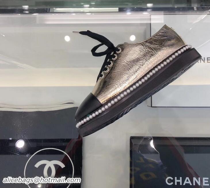 New Stylish Chanel Pearls Around Lace-ups Shoes Crinkled G41729 Silver 2019