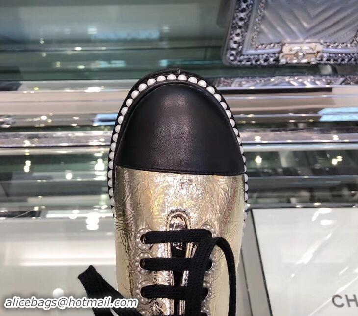 New Stylish Chanel Pearls Around Lace-ups Shoes Crinkled G41729 Silver 2019