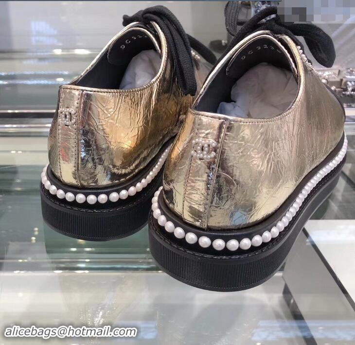 New Stylish Chanel Pearls Around Lace-ups Shoes Crinkled G41729 Silver 2019