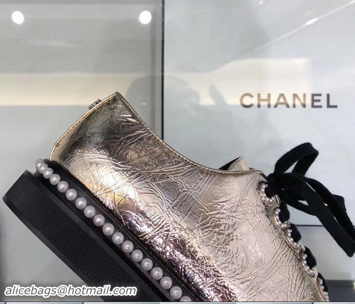 New Stylish Chanel Pearls Around Lace-ups Shoes Crinkled G41729 Silver 2019