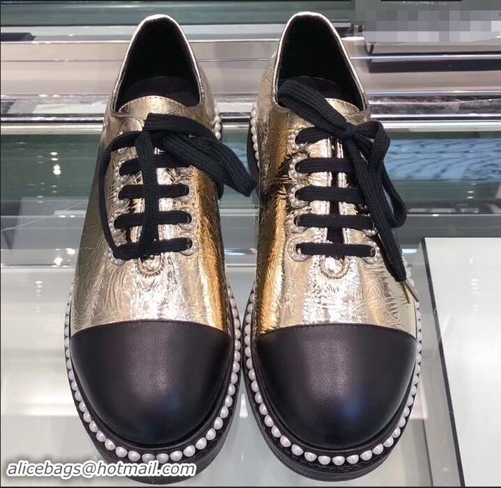 New Stylish Chanel Pearls Around Lace-ups Shoes Crinkled G41729 Silver 2019