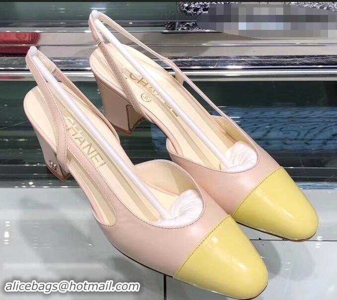 High Quality Chanel Glazed Calfskin Heel 6.5cm Slingbacks G31318 Beige/Yellow 2019