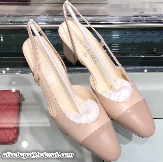 Luxury Cheap Chanel Glazed Calfskin Heel 6.5cm Slingbacks G31318 Beige/Nude 2019