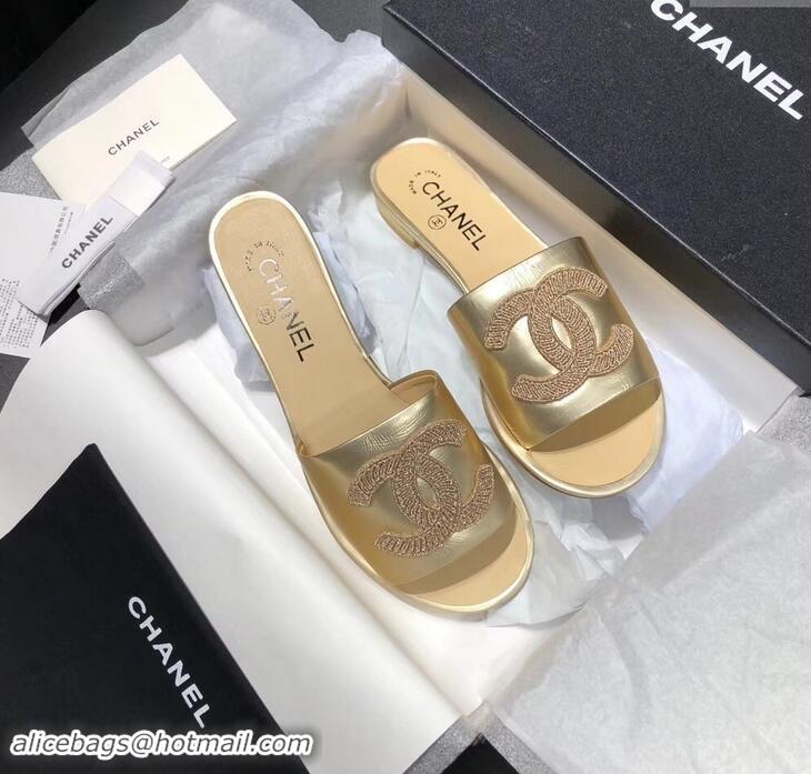 Cheap Faux Chanel Stitching CC Logo Mules G41801 Gold ​2019