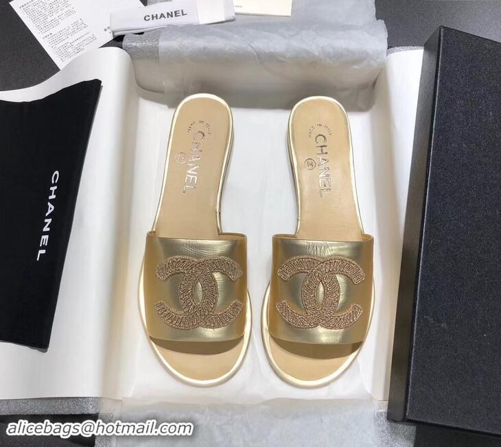 Cheap Faux Chanel Stitching CC Logo Mules G41801 Gold ​2019