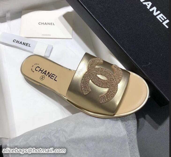 Cheap Faux Chanel Stitching CC Logo Mules G41801 Gold ​2019