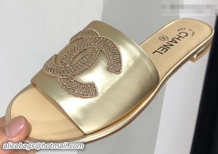 Cheap Faux Chanel Stitching CC Logo Mules G41801 Gold ​2019