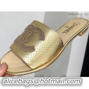 New Fashion Chanel Stitching CC Logo Mules Perforated G41806 Gold 2019