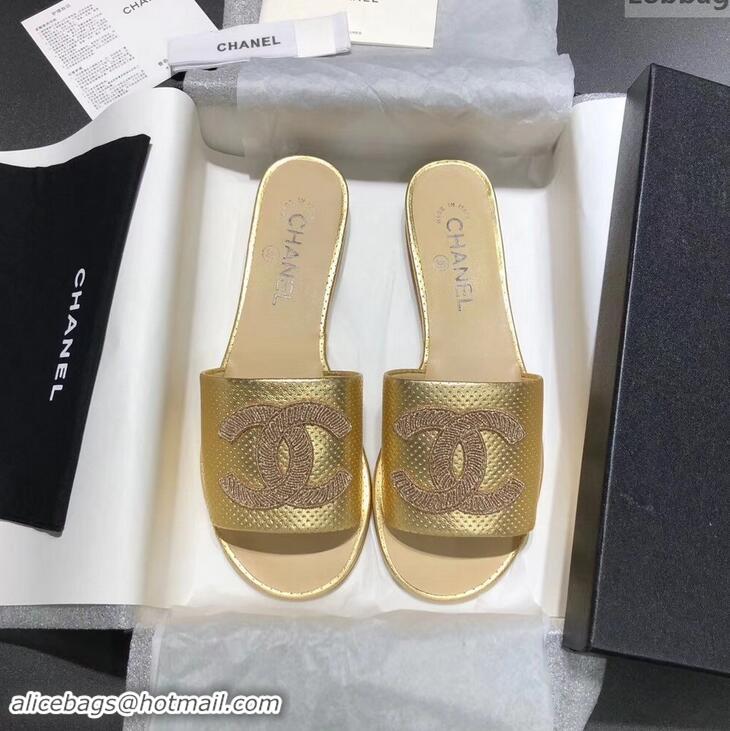 New Fashion Chanel Stitching CC Logo Mules Perforated G41806 Gold 2019