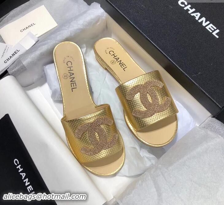 New Fashion Chanel Stitching CC Logo Mules Perforated G41806 Gold 2019