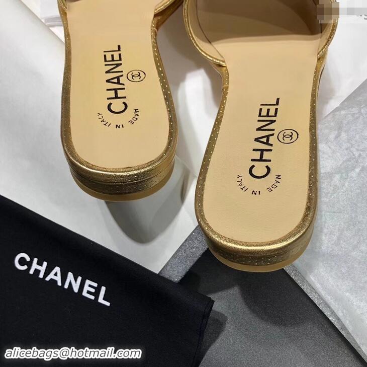 New Fashion Chanel Stitching CC Logo Mules Perforated G41806 Gold 2019