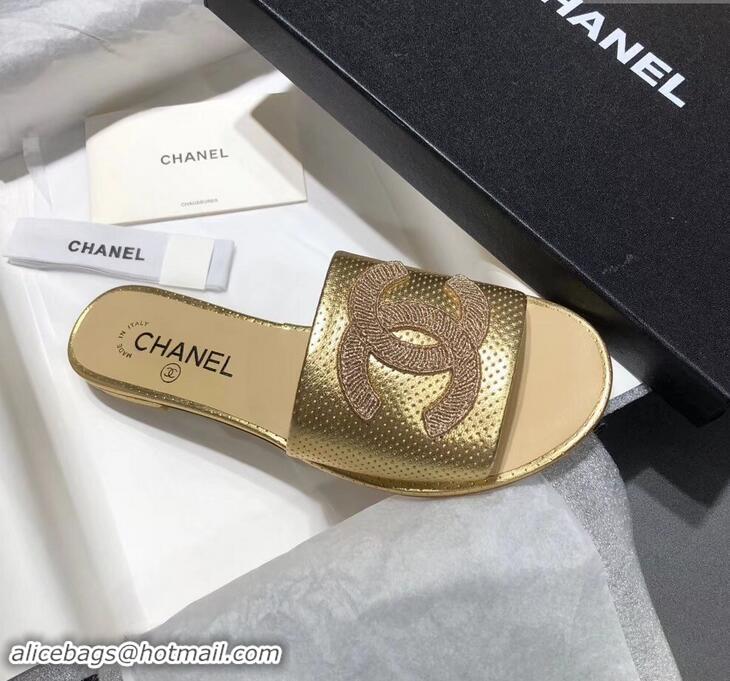 New Fashion Chanel Stitching CC Logo Mules Perforated G41806 Gold 2019