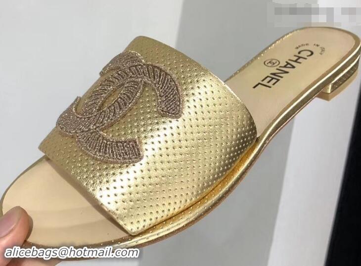 New Fashion Chanel Stitching CC Logo Mules Perforated G41806 Gold 2019